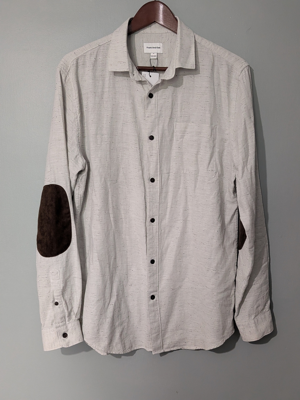 Frank & Oak Men's Cream Button-Up Shirt Elbow Patches Dark Academia Ivy Style